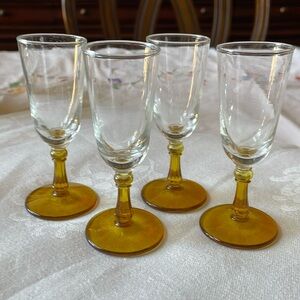 VTG MCM amber & clear glass cordials footed glasses set of 4